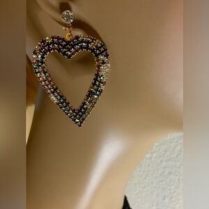 Noir gold tone heart earrings with multi-colored rhinestones